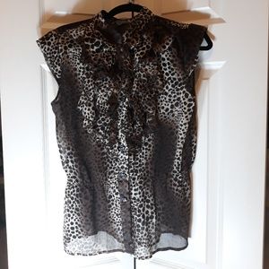 Sheer Animal Print Button Down Ruffle Blouse